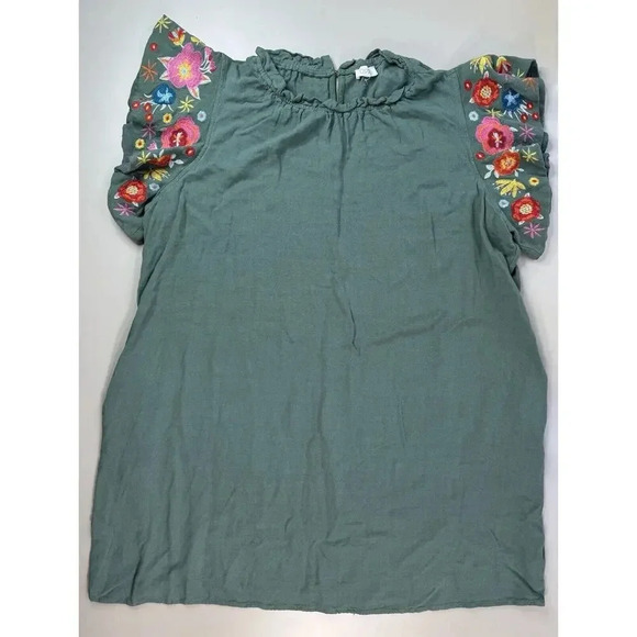 Embroidered Womens Linen Dress 1Sz Green Lagenlook Artsy Cottagecore Boho Hippie - Picture 3 of 16